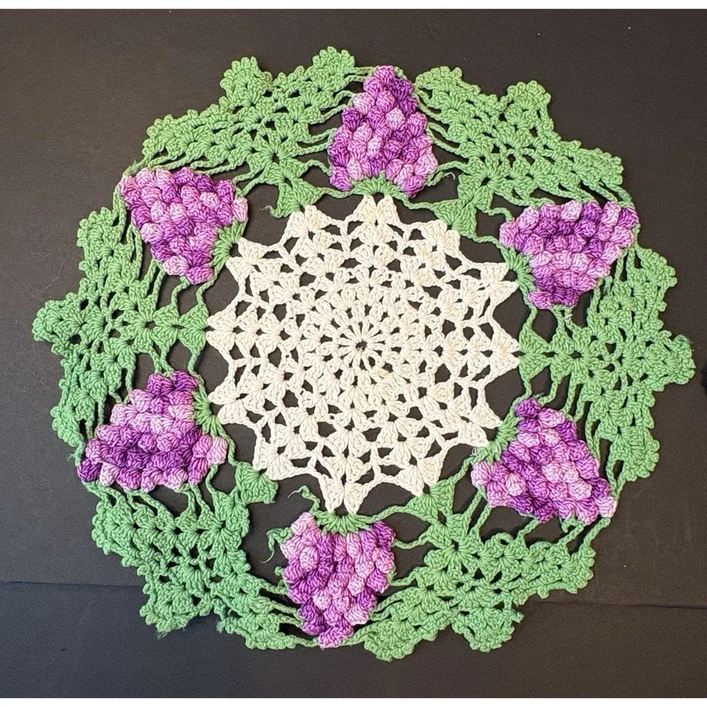 Vintage (2) Handmade Crochet Doily 3D Purple Grape Cluster Design 10.5